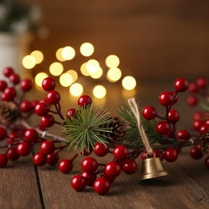 Puede incluir: Una guirnalda navideña festiva con bayas rojas brillantes, agujas de pino verdes y pequeñas piñas. Una pequeña campana dorada cuelga de la guirnalda. La guirnalda está dispuesta sobre una superficie de madera con luces suaves y borrosas en el fondo.
