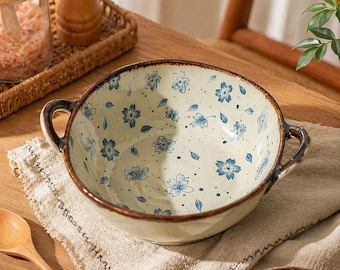 Bol de ramen de cerámica japonesa con asas, plato para sopa de fideos con diseño floral, ideal para servir ensalada de pasta.