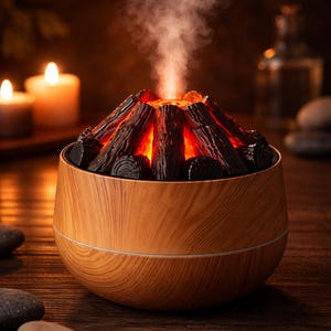 Op de afbeelding: Een houten essentiële olie diffuser in de vorm van een vulkaan, met een gloeiende rode kern en donkere, houtskoolachtige elementen. De diffuser geeft een stroom van damp af. Kaarsen en stenen op de achtergrond.