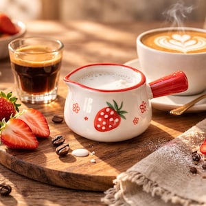 May include: A breakfast scene with a cup of coffee, a small milk jug, and a shot of espresso. Fresh strawberries and coffee beans are arranged on a wooden board. The milk jug is white with a red handle and strawberry design.