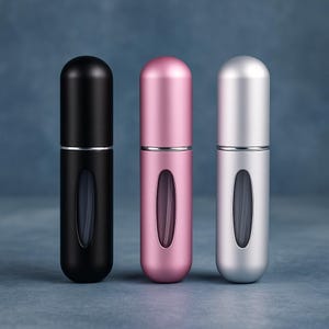 Könnte beinhalten: Drei nachfüllbare Parfümzerstäuber in Schwarz, Rosa und Silber. Jeder hat ein zylindrisches Design mit abgerundeter Oberseite und einem transparenten, oval geformten Fenster. Die Zerstäuber sind aus Metall und haben ein silbernes Band in der Nähe der Oberseite.