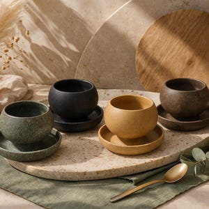 Puede incluir: Una composición de naturaleza muerta con cuatro cuencos de cerámica en negro, verde y beige, cada uno sobre un platillo a juego. También hay una tabla de servir de madera y una cuchara dorada. Flores secas en un jarrón de cristal.