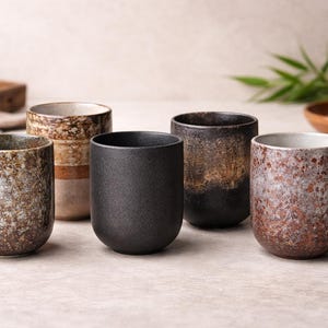 Pode incluir: Cinco xícaras de chá de cerâmica com uma aparência rústica e texturizada. As xícaras variam em cor, incluindo marrom salpicado, preto e um efeito marmorizado. As xícaras são cilíndricas com fundos arredondados, sugerindo um design moderno. O fundo inclui acessórios para fazer chá.