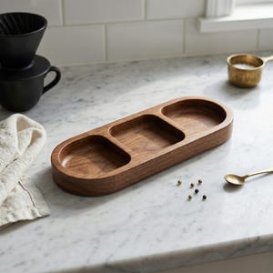 Op de afbeelding: Een houten serveerschaal met drie ovale compartimenten. De schaal is gemaakt van donkerbruin hout en staat op een wit marmeren aanrechtblad. Een zwarte koffiezetter, een messing maatbeker en een kleine gouden lepel zijn ook zichtbaar.