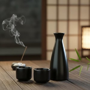 May include: A black sake set with two small cups and a carafe, set on a wooden table. Incense is burning in a small dish, with smoke rising. Bamboo leaves are in the background, with a Japanese-style screen.