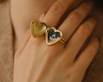 18k Gold Herz Locket Ring: Personalisierte Foto Andenken Schmuck