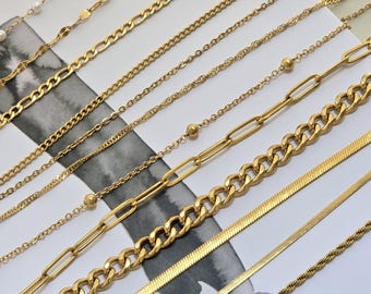 18k Gold Filled Chain Necklace: Cuban, Figaro, Pearl - Adjustable Length