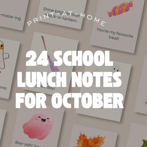 Peut inclure: Un ensemble de 24 notes de déjeuner scolaires pour octobre, avec des illustrations et des phrases sur le thème d'Halloween. Les notes présentent des images de fantômes, de citrouilles, de bonbons et de feuilles d'automne. Le texte comprend des phrases comme "You're a-maize-ing".