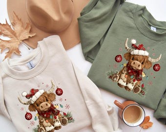 Christmas Cow Sweatshirt, Highland Cow tShirt, Women Cow Christmas Long sleeve, Cow Lover Gift, Farm Christmas Hoodie Gift, Christmas Shirt