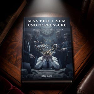 以下が含まれることがあります： 「MASTER CALM UNDER PRESSURE」というタイトルの本で、副題は「A Practical Guide to Stress Control」です。表紙には、プレッシャーの下にある男性が描かれており、彼を指さす人物に囲まれています。本は暗い木製の表面に置かれています。