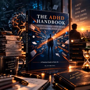以下が含まれることがあります： The ADHD Handbook: Understanding Your Brain, Managing Your Lifeのブックカバーには、Email、Deadline、Rememberなどの光るテキストに囲まれた人物のシルエットが描かれています。濃紺の表紙にはタイトルとBloomoraのブランド名が記されています。