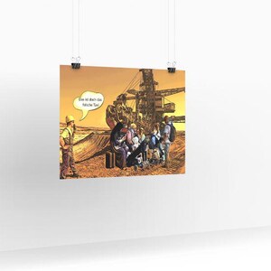 Può includere: Una stampa in stile cartone animato raffigurante un operaio edile che guarda un gruppo di persone vicino a una grande macchina. Un fumetto dice: "Das ist doch die falsche Taxi."