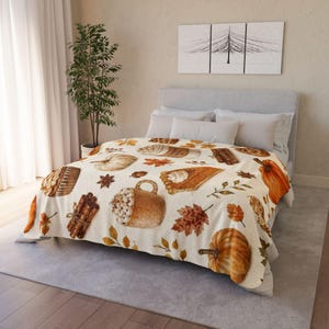 Pumpkin Spice Pattern Fleece Sherpa Blanket | Autumn Leaves, Pie, Latte