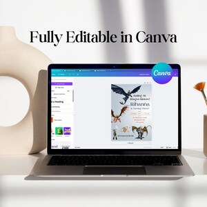 May include: A laptop screen showing a Canva template with dragon illustrations. The text "Fully Editable in Canva" is at the top. The design includes dragons and event details. A Canva logo is visible.