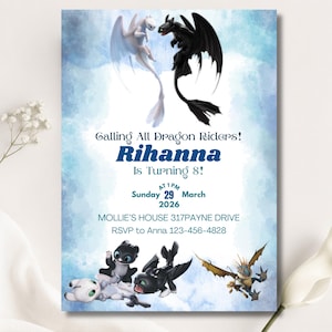 May include: A rectangular birthday invitation card featuring a blue watercolor background with illustrations of dragons. Text reads: Calling All Dragon Riders! Rihanna Is Turning 8! AT 1PM Sunday 29 March 2026 MOLLIE'S HOUSE 317PAYNE DRIVE RSVP to Anna 123-456-4828.