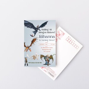 May include: A birthday invitation with dragon illustrations and the text "Calling All Dragon Riders! Rihanna is Turning Three!" The invitation includes event details and an RSVP number. A white postcard is next to the invitation.