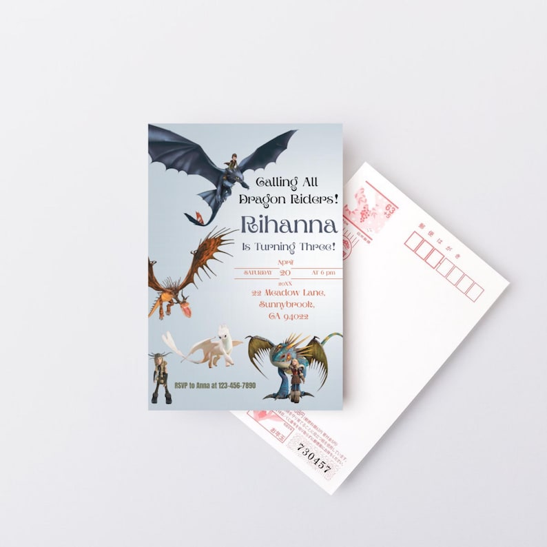 May include: A birthday invitation with dragon illustrations and the text "Calling All Dragon Riders! Rihanna is Turning Three!" The invitation includes event details and an RSVP number. A white postcard is next to the invitation.