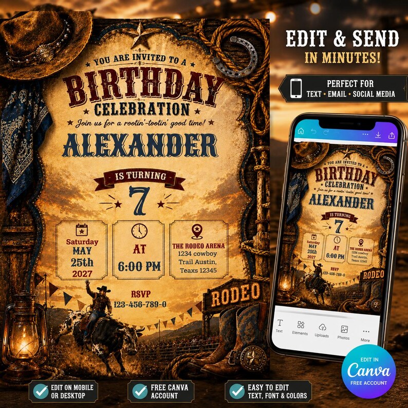 Cowboy Birthday Invitation | Western Rodeo Birthday Invitation ...