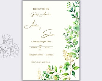 May include: Wedding invitation with elegant gold script and watercolor floral accents. The text reads "True Love Is The Greatest Adventure" and includes the names Amelia & Elian, date, time, and RSVP information.
