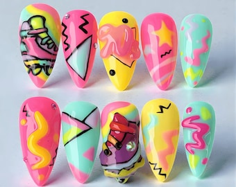 Handmade Press On Nail Set | 90's Nostalgia Skate Nails