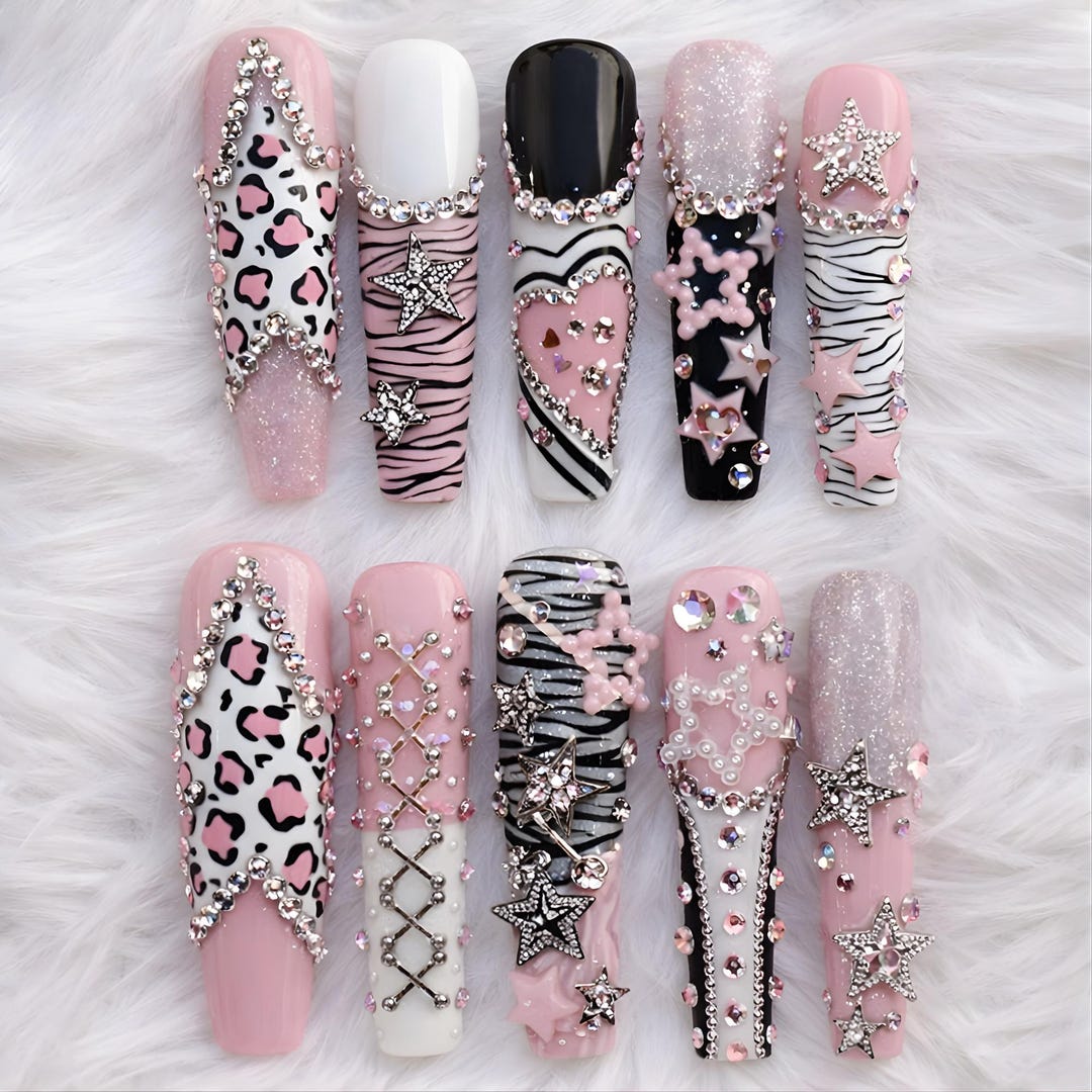 Luxury Y2K Rhinestone Press on Nails | Pink Zebra Leopard 3D Star Glam Set | Baddie Statement Nails - Etsy