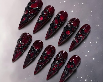 Crimson Cat Eye Press On Nails | Vampire Gothic Nails | Dark Fantasy Stiletto Nails | Blood Red Chrome Press Ons