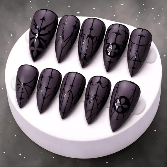 Gothic Cathedral Press On Nails | Dark Stained Glass Nail Art | Black Sheer Gothic Nails | Handmade Dark Aesthetic Press Ons
