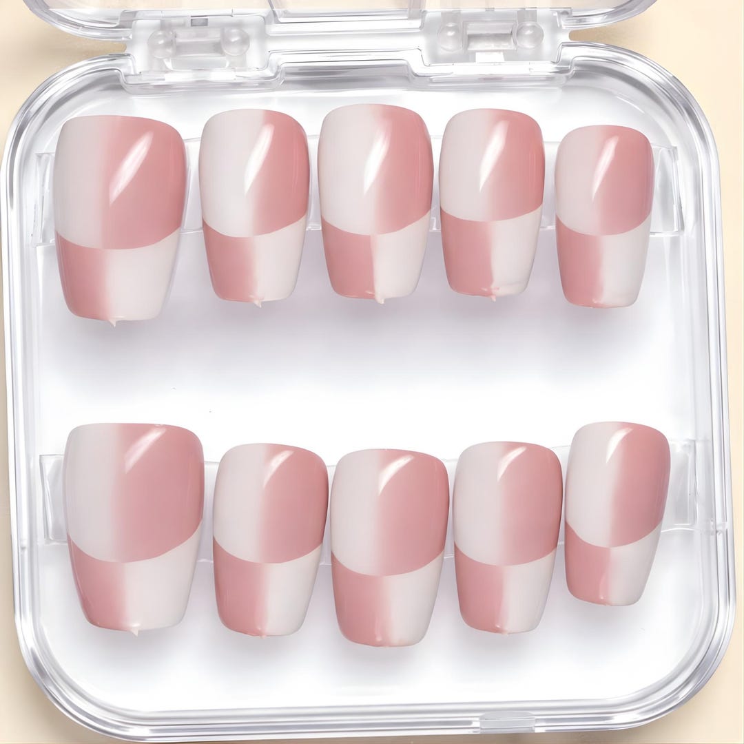 Neutral Colorblocked Set Neutral Color Block Press on Nails | Soft Pink White Gray Nail Set ...