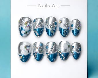 Uñas postizas hechas a mano / Set de invierno plateado cromado y azul