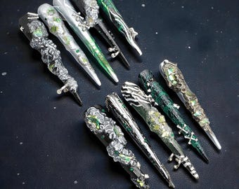 Handmade Press On Nails | Wicked Green and Grunge Punk Holiday Nail Set