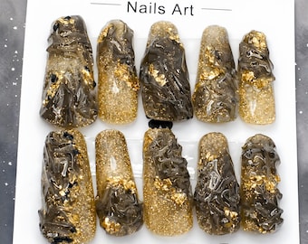 Gold Ember Press On Nails | Brown Gold Glitter Nails | Alternative Glam Nail Set | Handmade Textured Press Ons
