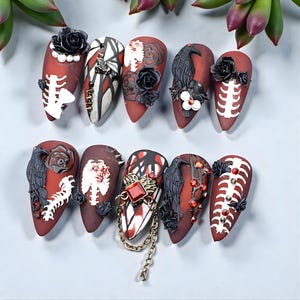 Gothic 3D Press On Nails – Handmade Goth Love & Death Nails – Edgy Fake Nails – Custom Size and Shape – Celestial Nail Design
