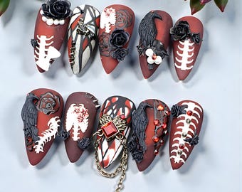 Gothic 3D Press On Nails – Handmade Goth Love & Death Nails – Edgy Fake Nails – Custom Size and Shape – Celestial Nail Design