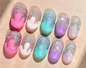 Pastell Glitter Drip Press On Nägel, Candy-Coated Set, funkelnde Gel Art, Soft Girl