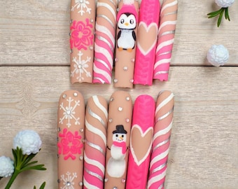 Handmade Press On Nails | Winter Vibes With Penguin, Snowman, and Snowflakes