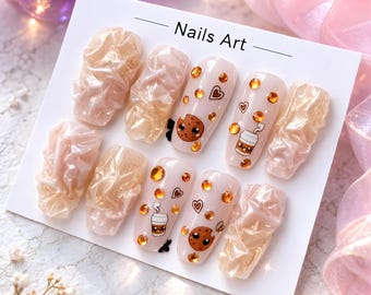 Kawaii koffiepers op nagels | Leuke koffiekoekjes-nagelset | Gezellige esthetische nagels | Handgemaakte schattige pers