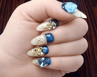 Blue and Gold Luxe Press On Nails, Cat-Eye Tips, Pearl Embellishments