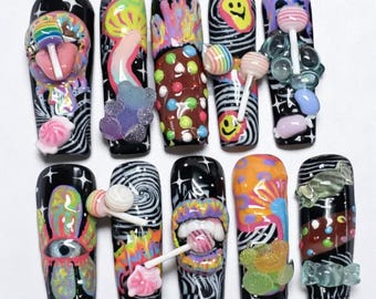 Psychedelic Candy Chaos Press-On Nails • Handmade Pastel Nail Art • Custom Sizing Included • Reusable Gel Faux Nails •