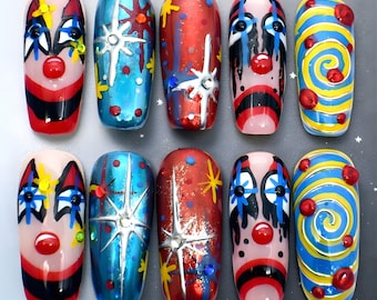 Uñas postizas de payaso de carnaval / Juego de uñas de payaso de circo / Uñas de arlequín coloridas / Uñas postizas para festivales hechas a mano