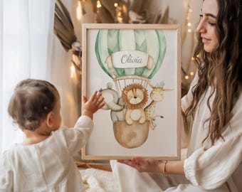 Gepersonaliseerde muurkunst babykamer – Heteluchtballon met dieren