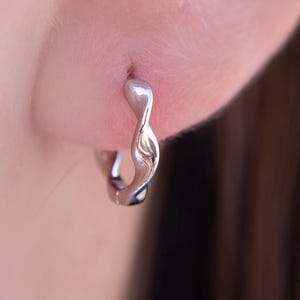 May include: Close-up of a silver hoop earring with a twisted design. The earring is small and sits close to the ear. The metal has a shiny, reflective surface. The earring is a piece of jewelry.