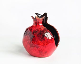 Handmade Pomegranate Napkin Holder – Ceramic Red Fruit Table Decor, Unique Kitchen Organizer