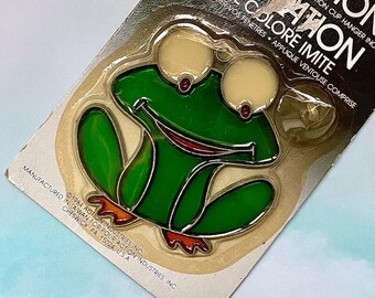 Vintage NOS Plastic Frog Suncatcher, Green Stained Glass Window Hanger, 1980s Taiwan