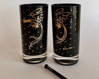 Vintage Fred Press, Black Gold Tumblers, Highball Pair, Stylized MCM Roosters, Mid Century Barware, High Ball Glasses