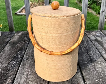 Vintage Tiki Barware, Ice Bucket with Lid, Bamboo Style Handle, Raffia Burlap Fabric