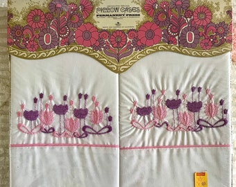 Vintage Pillow Cases, Pastel Pink Purple, Embroidered Floral, NOS New Unused, Flower Power Packaging
