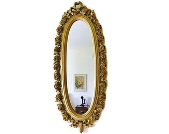 Vintage Wall Mirror, Ornate Gold Frame, 1970s Oval Mirror, Ribbons & Roses, Glam Gallery Wall