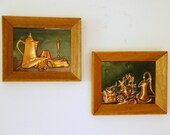Vintage Kitchen Plaques, Tooled Copper, Framed Still Life, Colonial Revival, Early American
