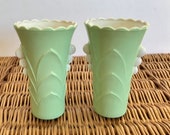 Vintage Glass Vase, Anchor Hocking Glassware, Mint Green White, 1940s Art Deco
