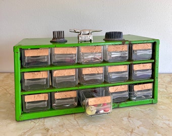 Vintage Metal Cabinet, 15 Plastic Drawers, Lime Green, Parts Organizer, Desktop or Wall, Industrial Decor, Made in Denmark